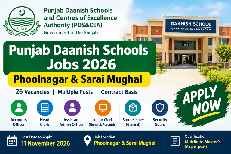 Punjab Daanish Schools Jobs 2026, Daanish Schools Jobs 2026, PDSCEA Jobs 2026, Punjab Government Jobs 2026, Phoolnagar Jobs 2026, Sarai Mughal Jobs 2026, Centre of Excellence Jobs, Junior Clerk Jobs, Security Guard Jobs, Accounts Officer Jobs